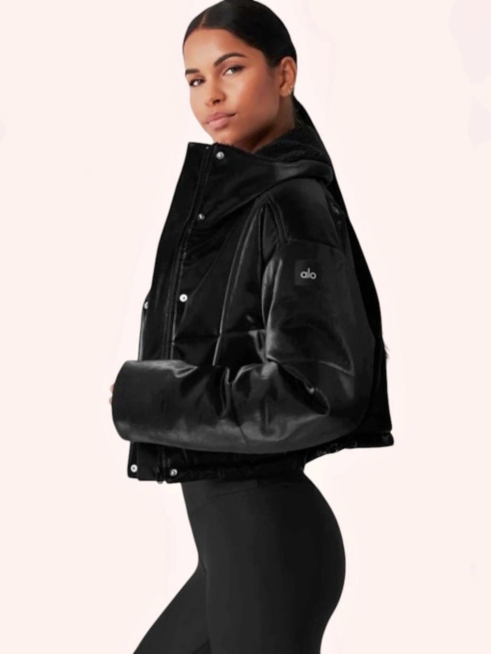 Alo Yoga Orion Cropped Puffer Black Faux Leather Sherpa Jacket Like New